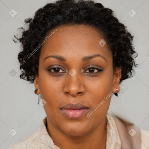 Neutral black adult female with short  brown hair and brown eyes