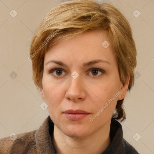 Neutral white adult female with medium  brown hair and brown eyes