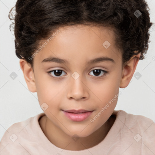 Joyful white child female with short  brown hair and brown eyes