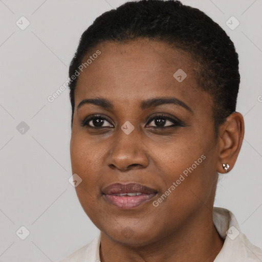 Joyful black young-adult female with short  brown hair and brown eyes