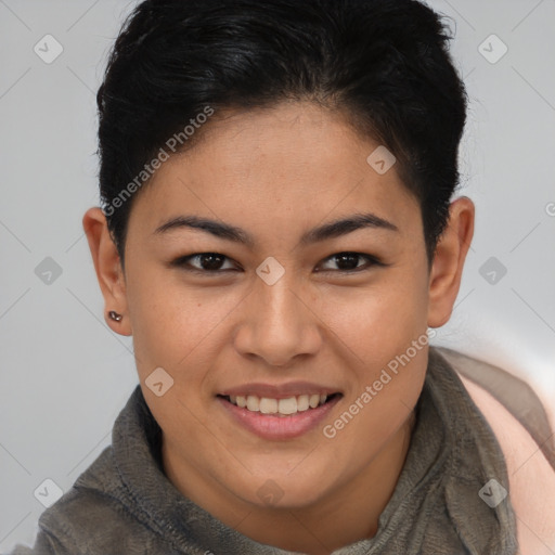 Joyful asian young-adult female with short  brown hair and brown eyes