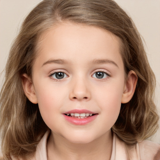 Joyful white child female with medium  brown hair and brown eyes