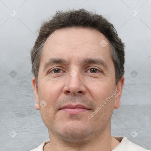 Neutral white adult male with short  brown hair and brown eyes