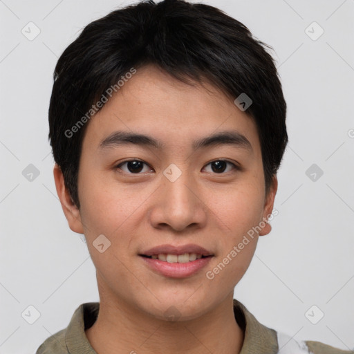 Joyful asian young-adult male with short  brown hair and brown eyes