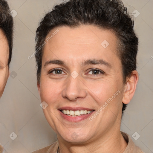 Joyful white adult female with short  brown hair and brown eyes