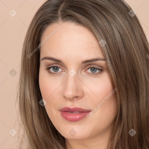 Neutral white young-adult female with long  brown hair and brown eyes