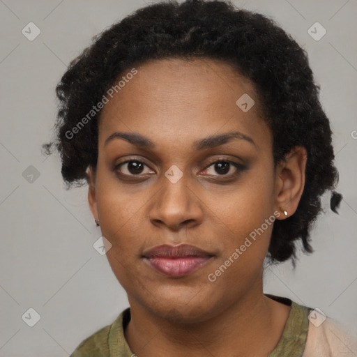 Neutral black young-adult female with short  black hair and brown eyes