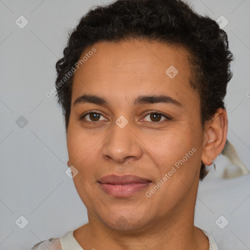 Joyful latino young-adult female with short  brown hair and brown eyes