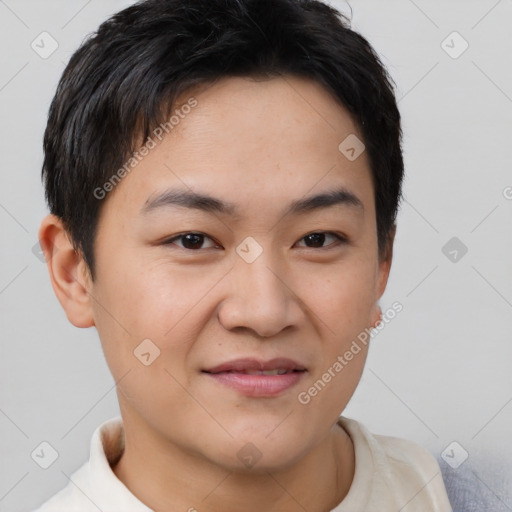 Joyful asian young-adult male with short  brown hair and brown eyes