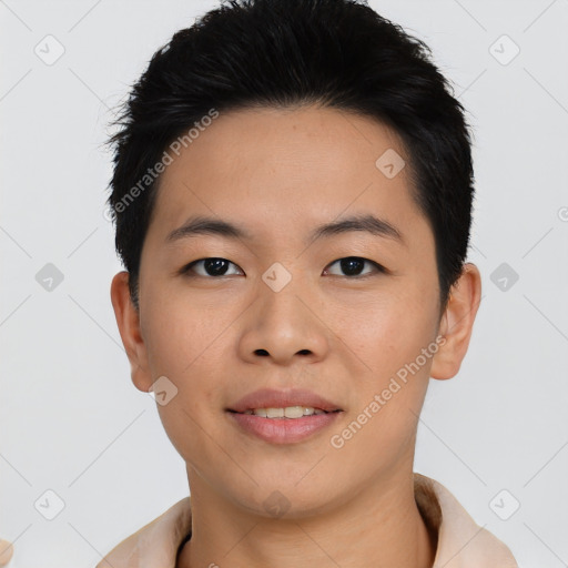 Joyful asian young-adult male with short  black hair and brown eyes