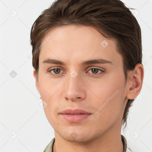 Neutral white young-adult male with short  brown hair and brown eyes