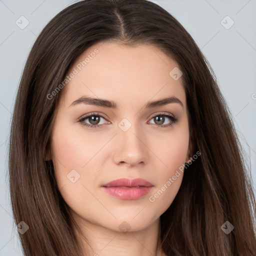 Neutral white young-adult female with long  brown hair and brown eyes