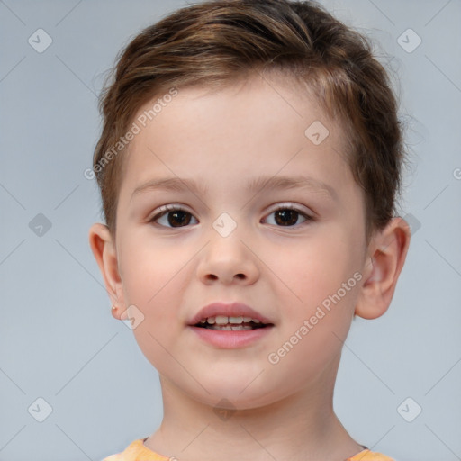 Joyful white child male with short  brown hair and brown eyes