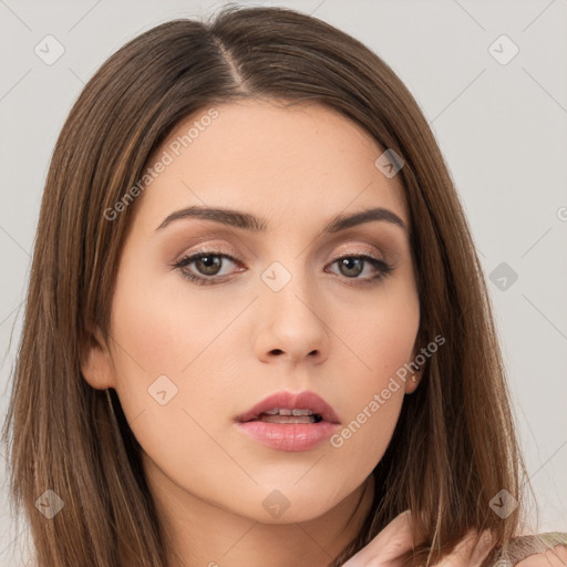 Neutral white young-adult female with long  brown hair and brown eyes