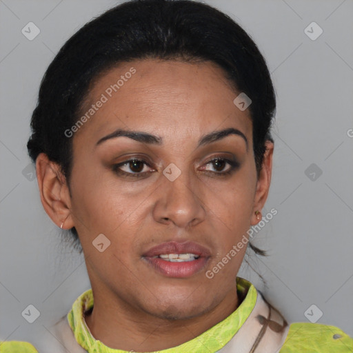 Neutral latino young-adult female with short  brown hair and brown eyes