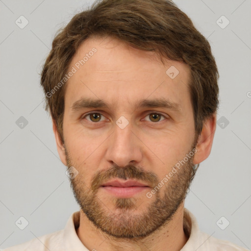 Neutral white adult male with short  brown hair and brown eyes