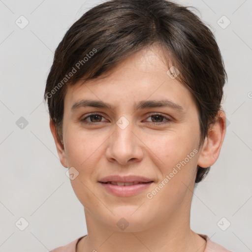 Joyful white young-adult female with short  brown hair and brown eyes