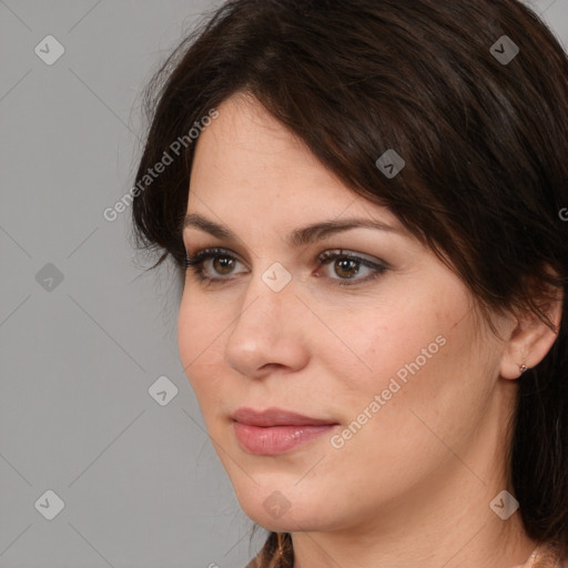 Neutral white young-adult female with medium  brown hair and brown eyes