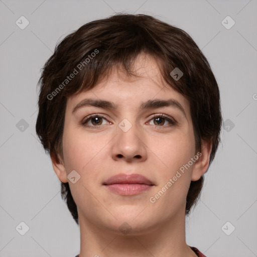 Neutral white young-adult female with medium  brown hair and brown eyes