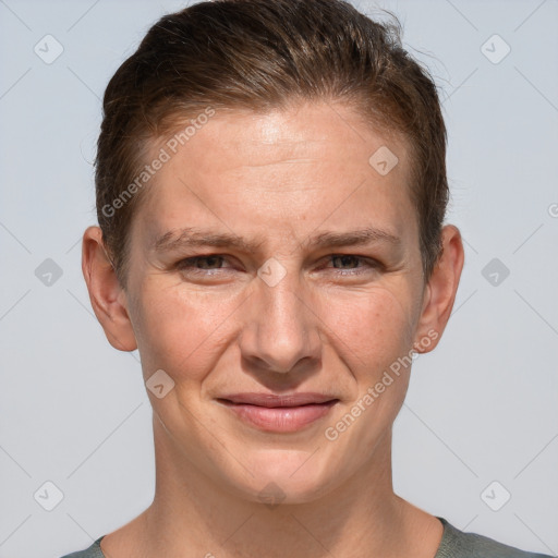 Joyful white adult male with short  brown hair and grey eyes