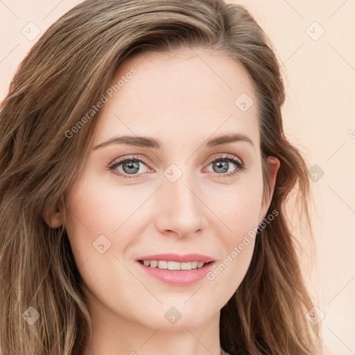 Joyful white young-adult female with long  brown hair and blue eyes