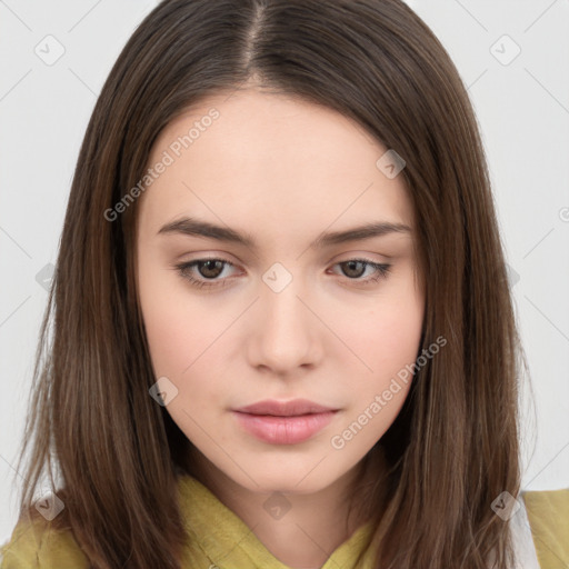 Neutral white young-adult female with medium  brown hair and brown eyes