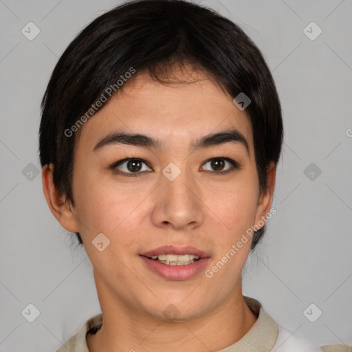 Joyful white young-adult female with short  brown hair and brown eyes