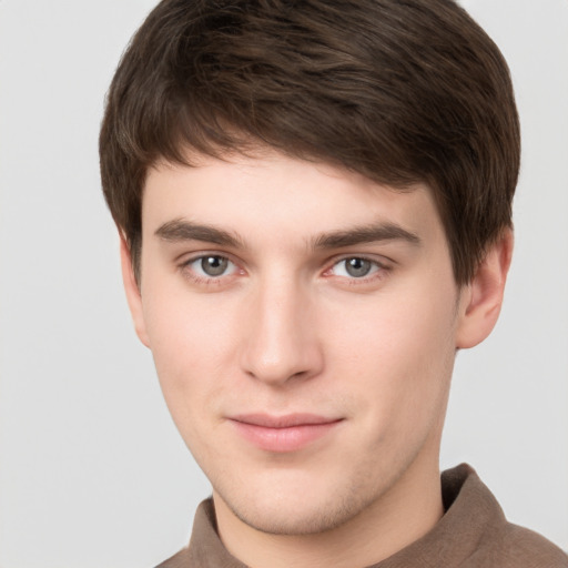 Neutral white young-adult male with short  brown hair and brown eyes