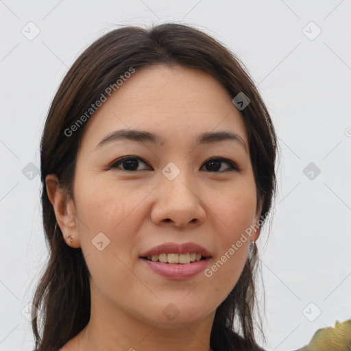 Joyful white young-adult female with medium  brown hair and brown eyes