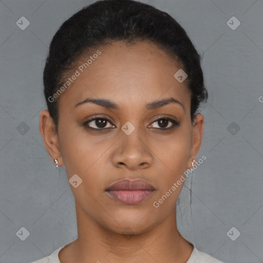 Neutral black young-adult female with short  black hair and brown eyes