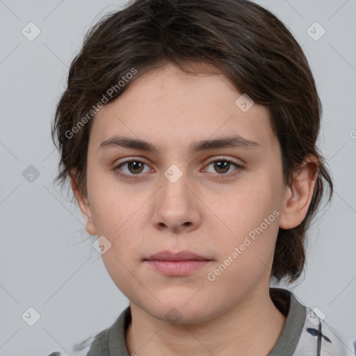 Neutral white young-adult female with medium  brown hair and brown eyes