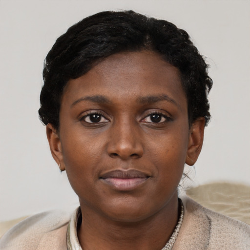 Neutral black young-adult female with short  brown hair and brown eyes