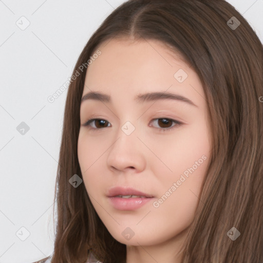 Neutral white young-adult female with long  brown hair and brown eyes