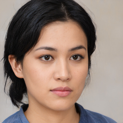 Neutral asian young-adult female with medium  brown hair and brown eyes