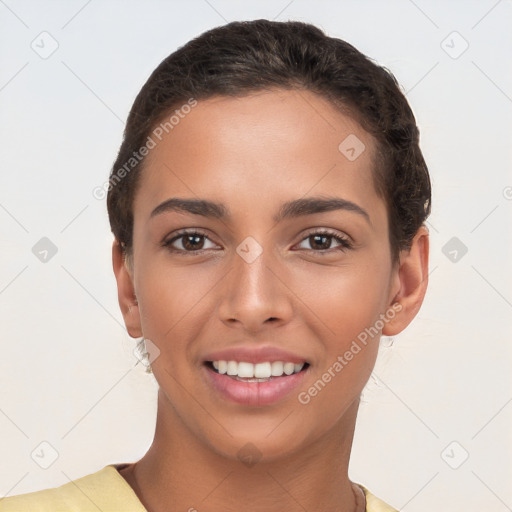 Joyful white young-adult female with short  brown hair and brown eyes