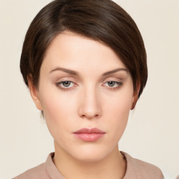 Neutral white young-adult female with short  brown hair and brown eyes