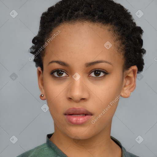 Neutral black young-adult female with short  brown hair and brown eyes