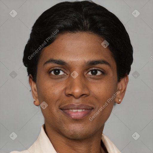 Joyful latino young-adult male with short  black hair and brown eyes