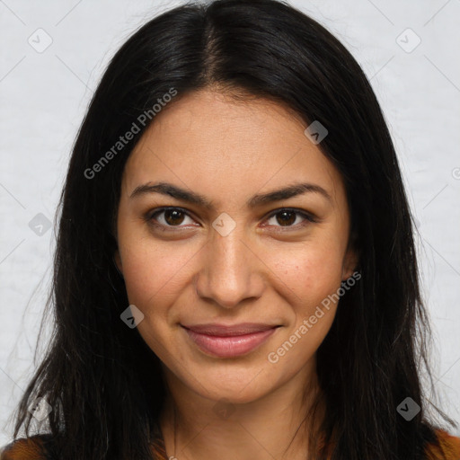 Joyful latino young-adult female with long  brown hair and brown eyes