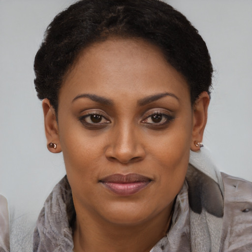 Joyful black young-adult female with short  brown hair and brown eyes