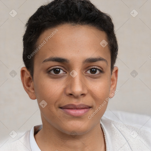 Joyful latino young-adult female with short  brown hair and brown eyes