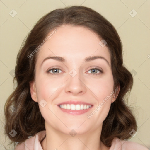 Joyful white young-adult female with medium  brown hair and green eyes