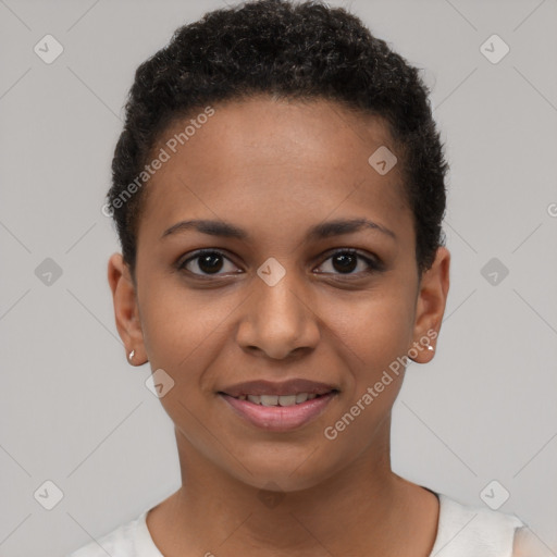 Joyful latino young-adult female with short  black hair and brown eyes