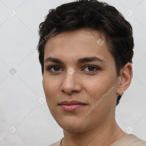 Joyful white young-adult female with short  brown hair and brown eyes