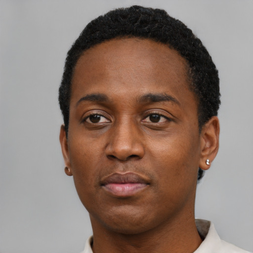 Neutral black young-adult male with short  black hair and brown eyes