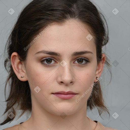 Neutral white young-adult female with medium  brown hair and brown eyes