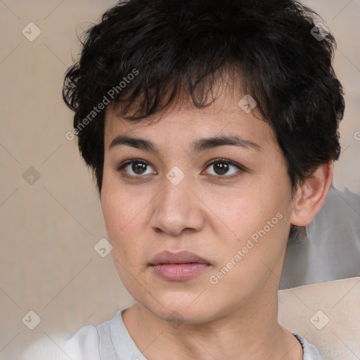 Neutral white young-adult female with short  brown hair and brown eyes