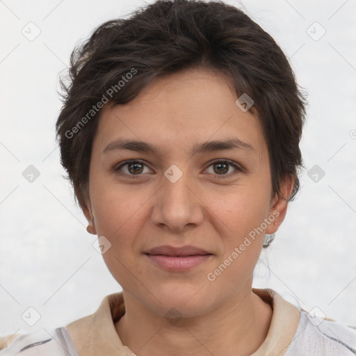 Joyful white young-adult female with short  brown hair and brown eyes