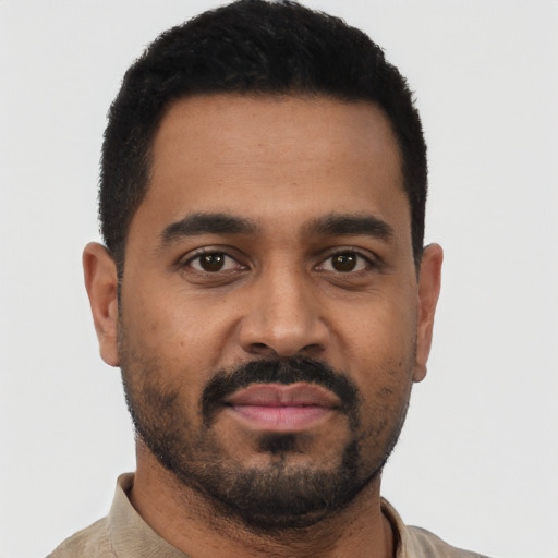 Neutral black young-adult male with short  black hair and brown eyes