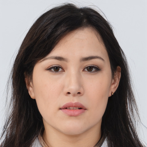 Neutral asian young-adult female with long  brown hair and brown eyes